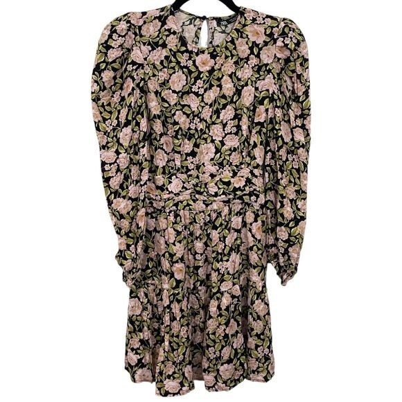 ZARA Women's Mini Dress Long Sleeve Tiered Ruffle Hem Floral Pink Black Small - Picture 3 of 7